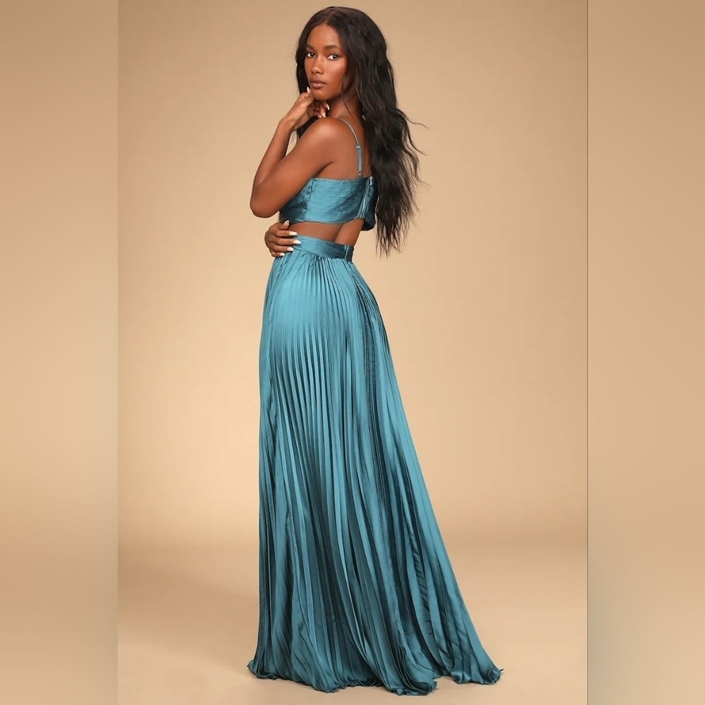 Lulus Got the Glam Teal Pleated Cutout Maxi Dress S Wedding Party Prom Whimsical - Picture 5 of 11